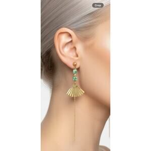 Vintage Gold Tone Green Stone Asian Fan Drop Earrings $28
